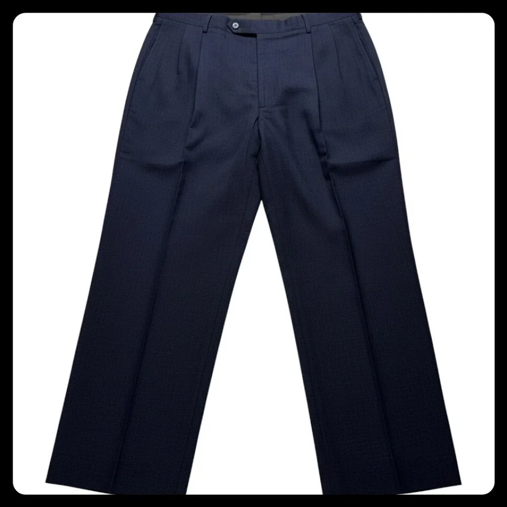 Jos A Bank Dress Pants Mens 34x30 Blue Pleated Wool Trousers Business Casual